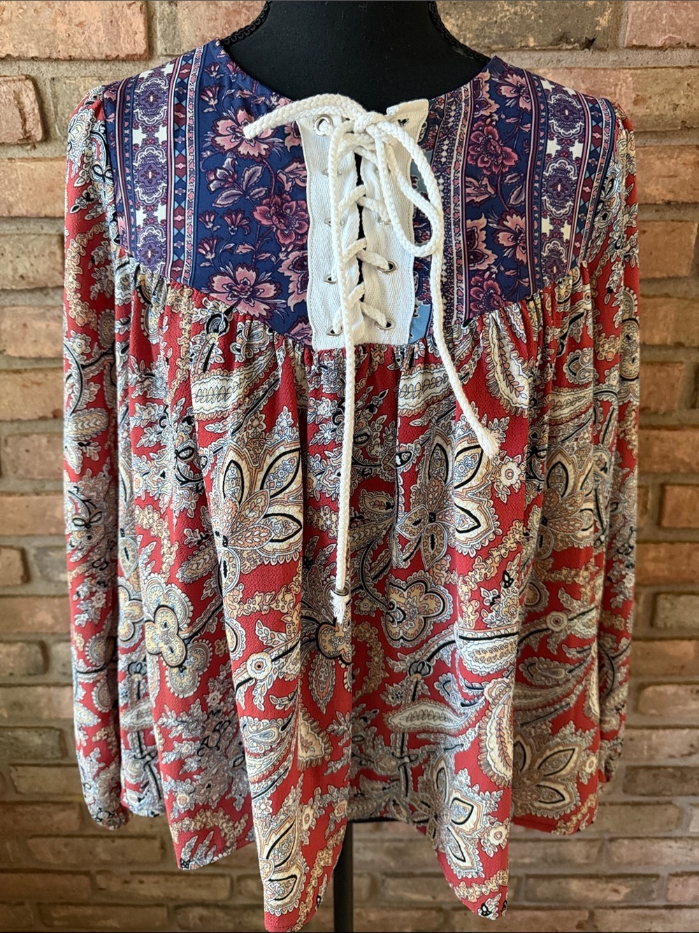 Boho Lace-Up Paisley Blouse in Red and Navy